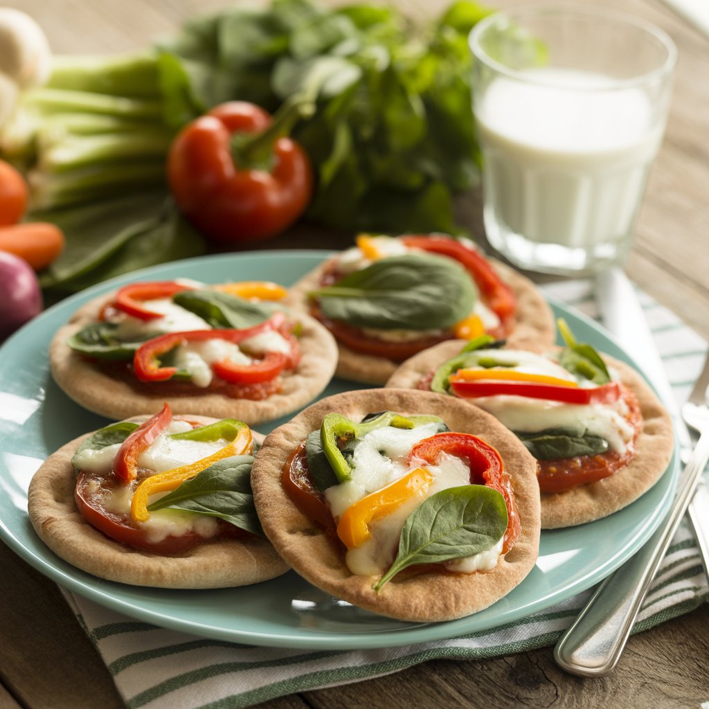 A plate of mini whole wheat pita pizzas topped with cheese, tomatoes, spinach, and bell peppers on a wooden table with fresh vegetables and a glass of milk nearby.