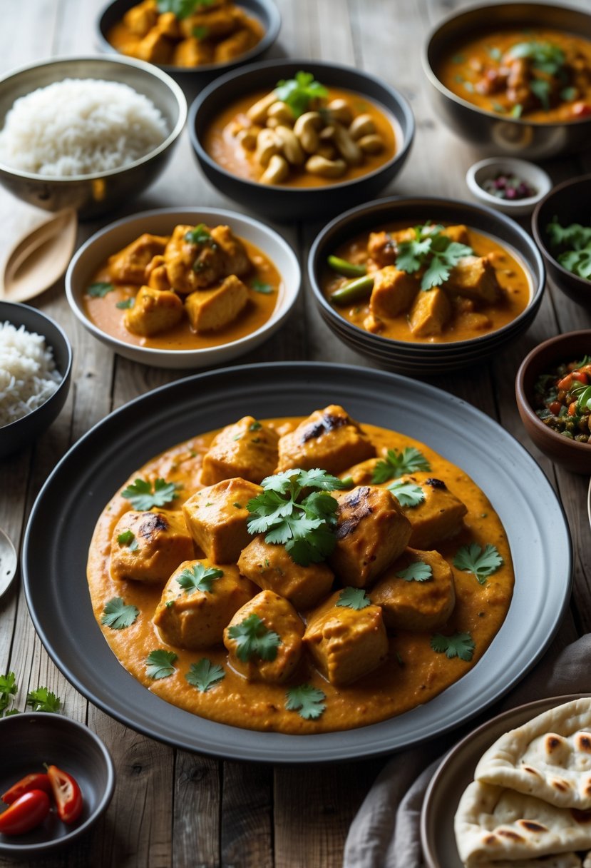 A table with a serving of butter chicken and several variations of the dish, accompanied by rice and naan bread.