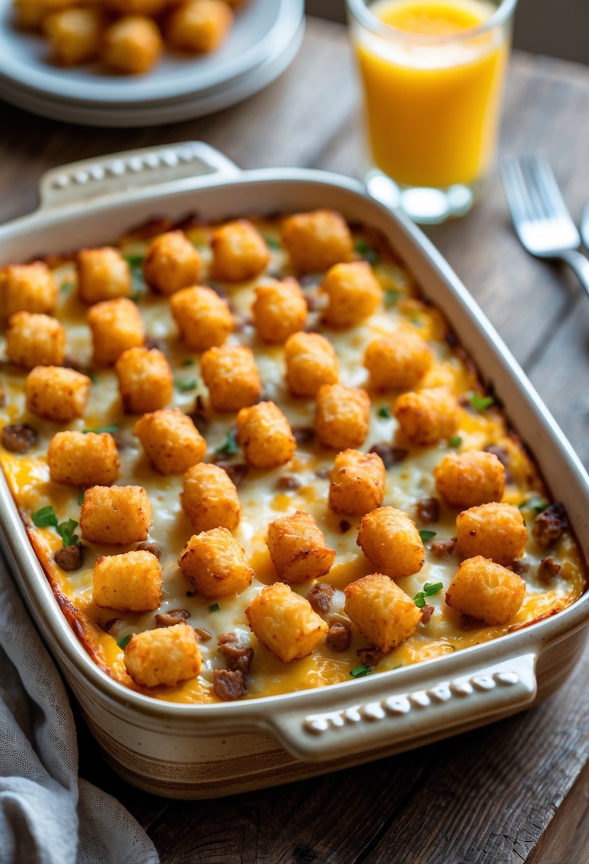 A breakfast casserole topped with crispy tater tots in a ceramic baking dish on a wooden table.
