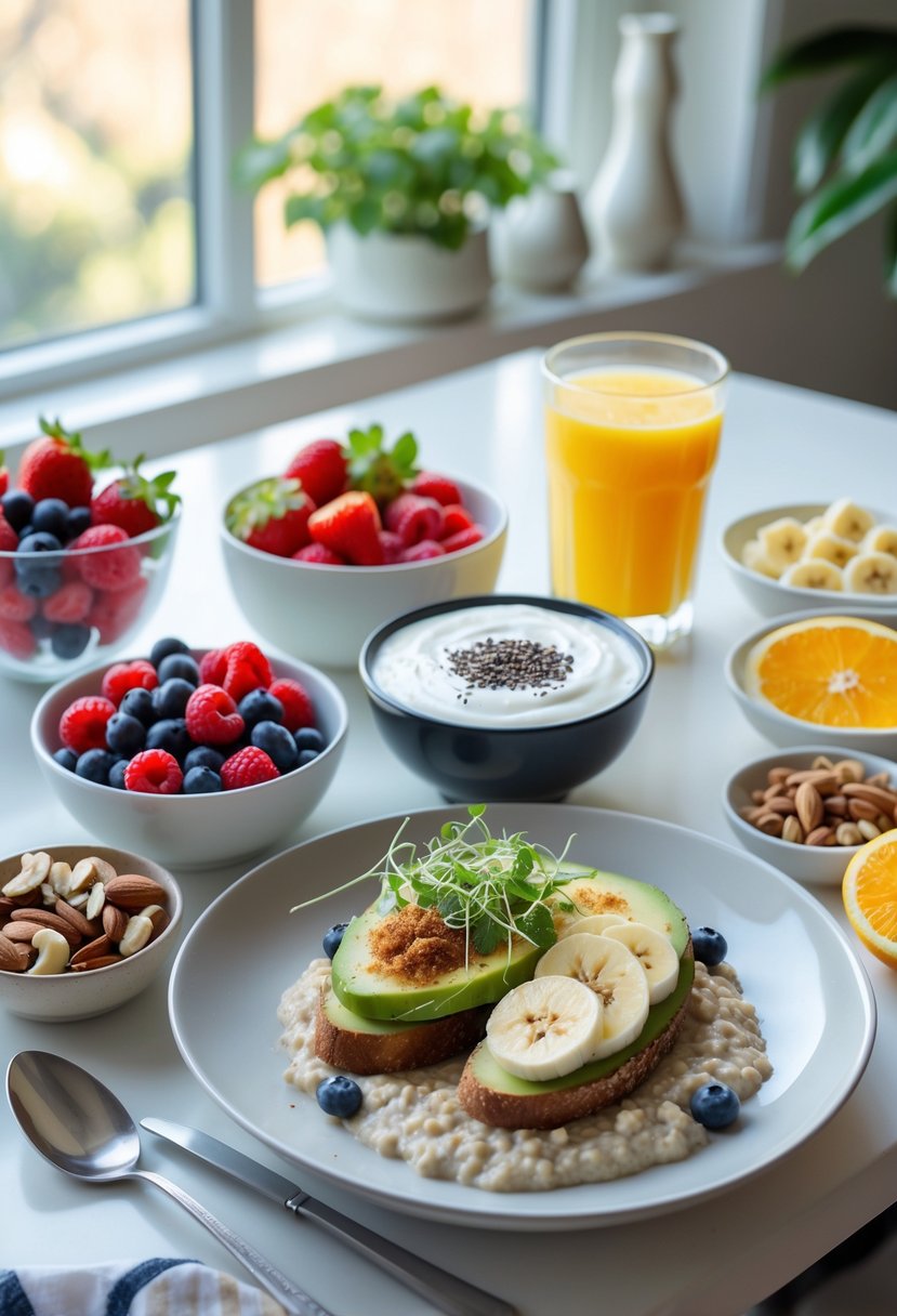 A breakfast table with bowls of mixed berries, Greek yogurt with honey, avocado toast, orange juice, nuts, and oatmeal topped with banana slices.