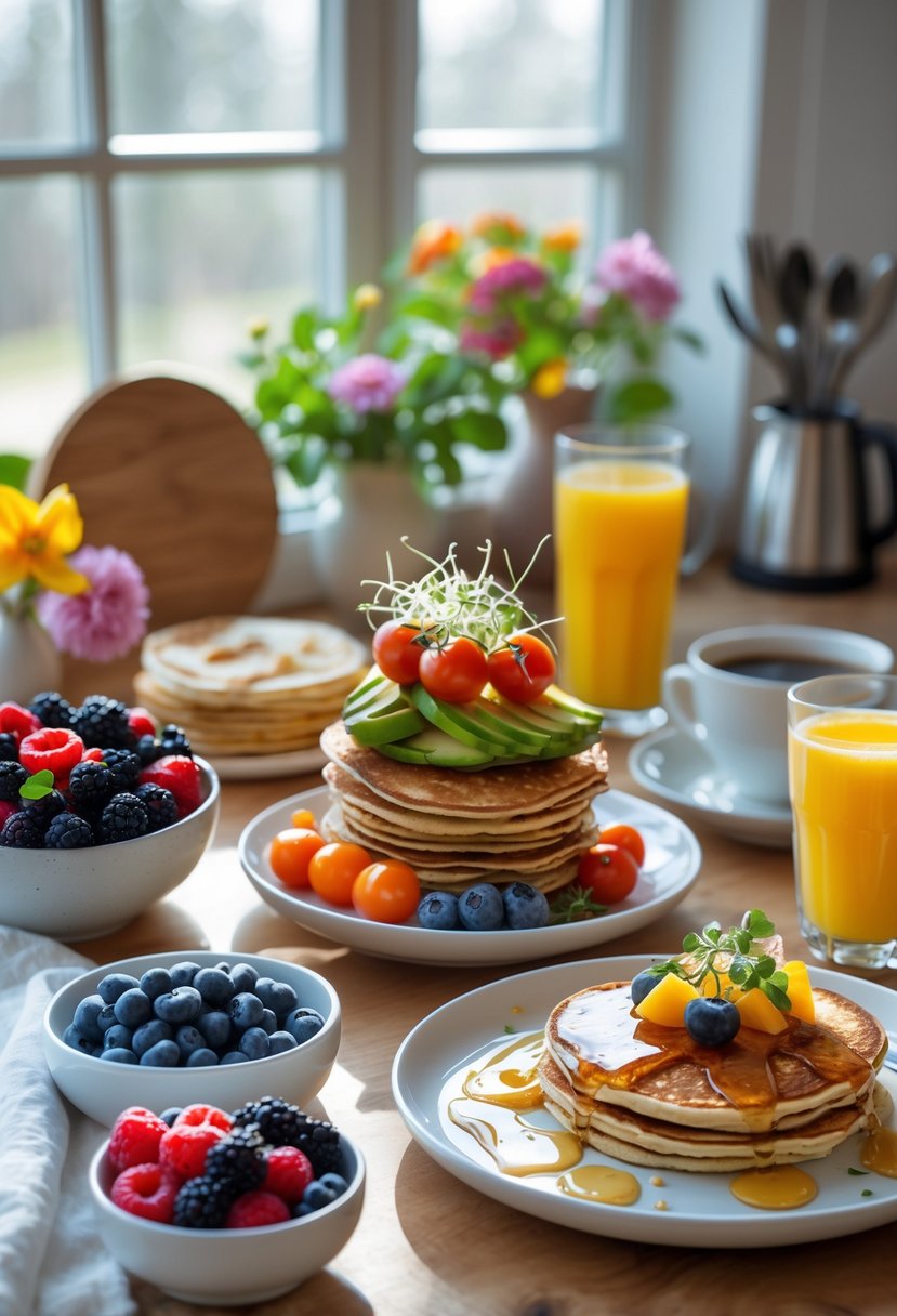 A breakfast table with colorful dishes including pancakes, avocado toast, fresh berries, orange juice, and coffee in a bright kitchen setting.