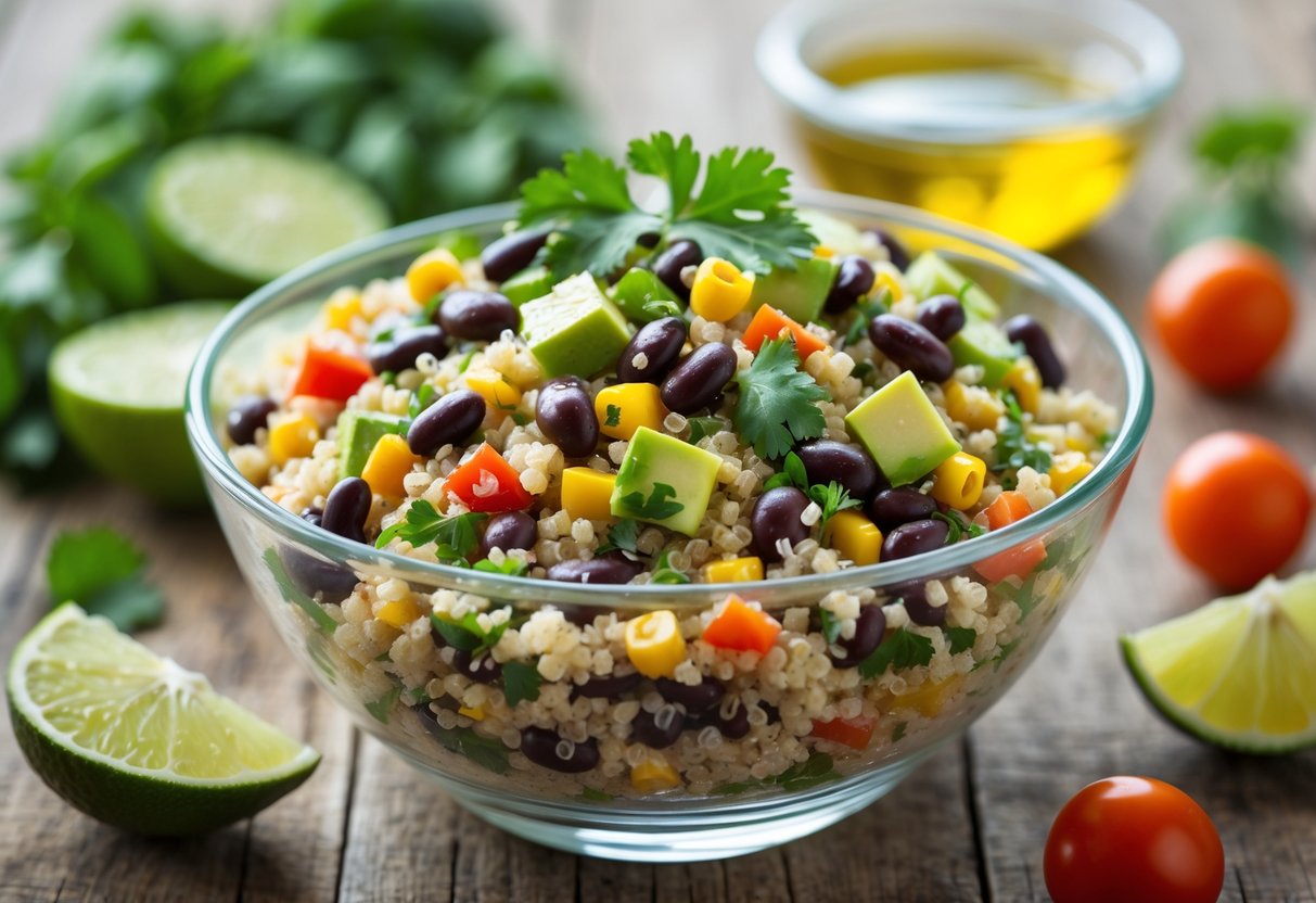 A bowl of quinoa and black bean salad with colorful vegetables on a wooden table surrounded by fresh ingredients.