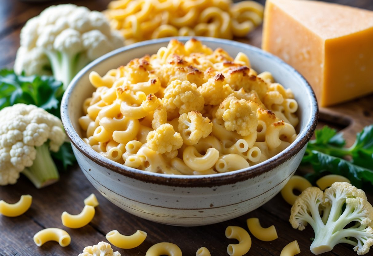 A bowl of creamy macaroni and cheese with cauliflower on a wooden table, surrounded by raw cauliflower and cheese.