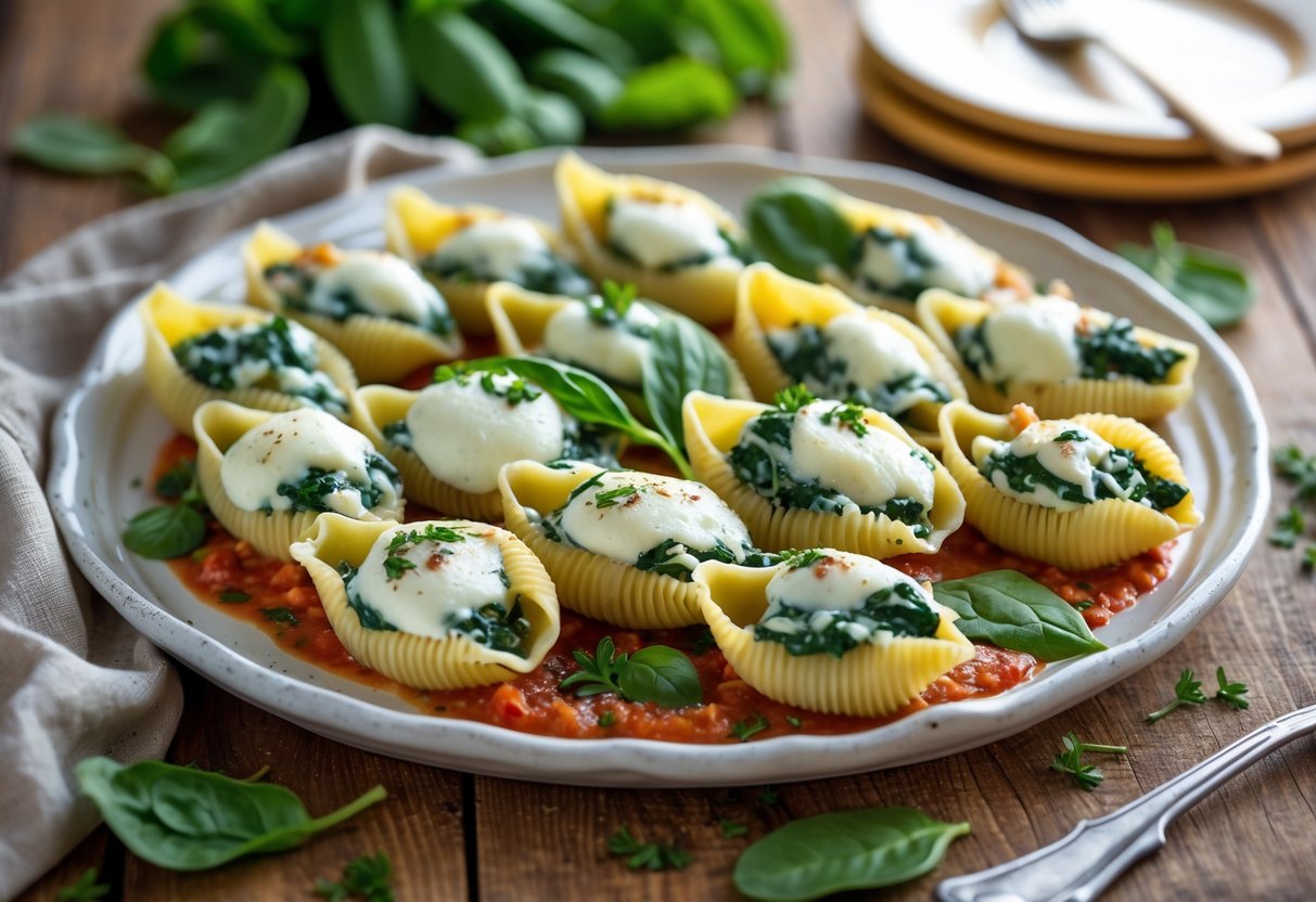 A plate of spinach and cheese stuffed pasta shells garnished with fresh herbs on a wooden table.