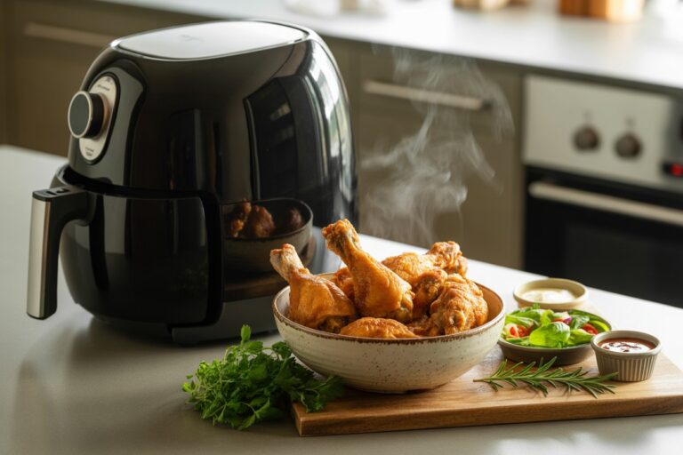 A modern kitchen countertop scene with a sleek black air fryer placed beside a wooden cutting board. Golden-brown crispy fried chicken drumsticks and thighs are arranged in a rustic bowl, steam rising to show juiciness. Fresh herbs like parsley and rosemary scattered around for garnish. Side dishes such as dipping sauces, lemon wedges, and a small salad add color. Natural warm lighting from the side highlights the crispy texture of the chicken skin, making it look delicious and inviting. Clean background with soft bokeh for a professional food blog look, spacious composition for text placement.