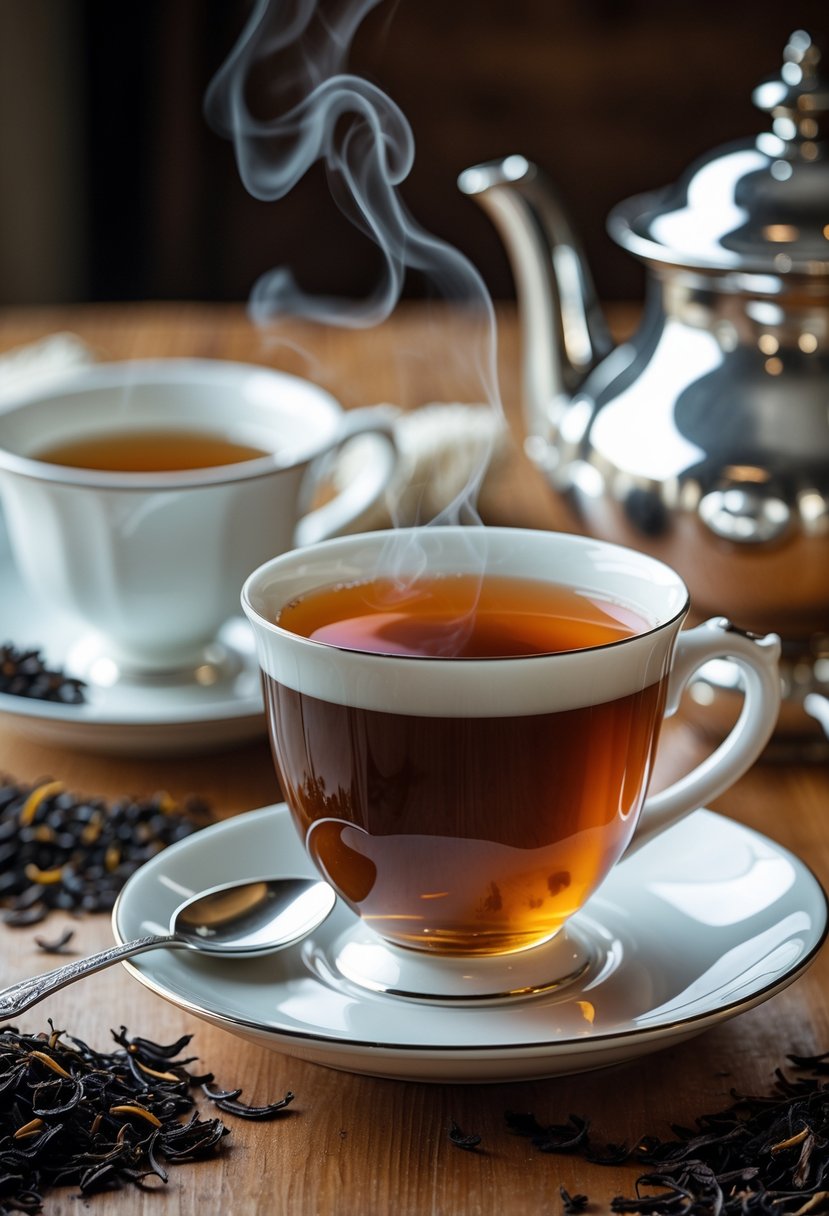 A steaming cup of English Breakfast tea on a white saucer with loose black tea leaves and a silver teapot in the background on a wooden table.