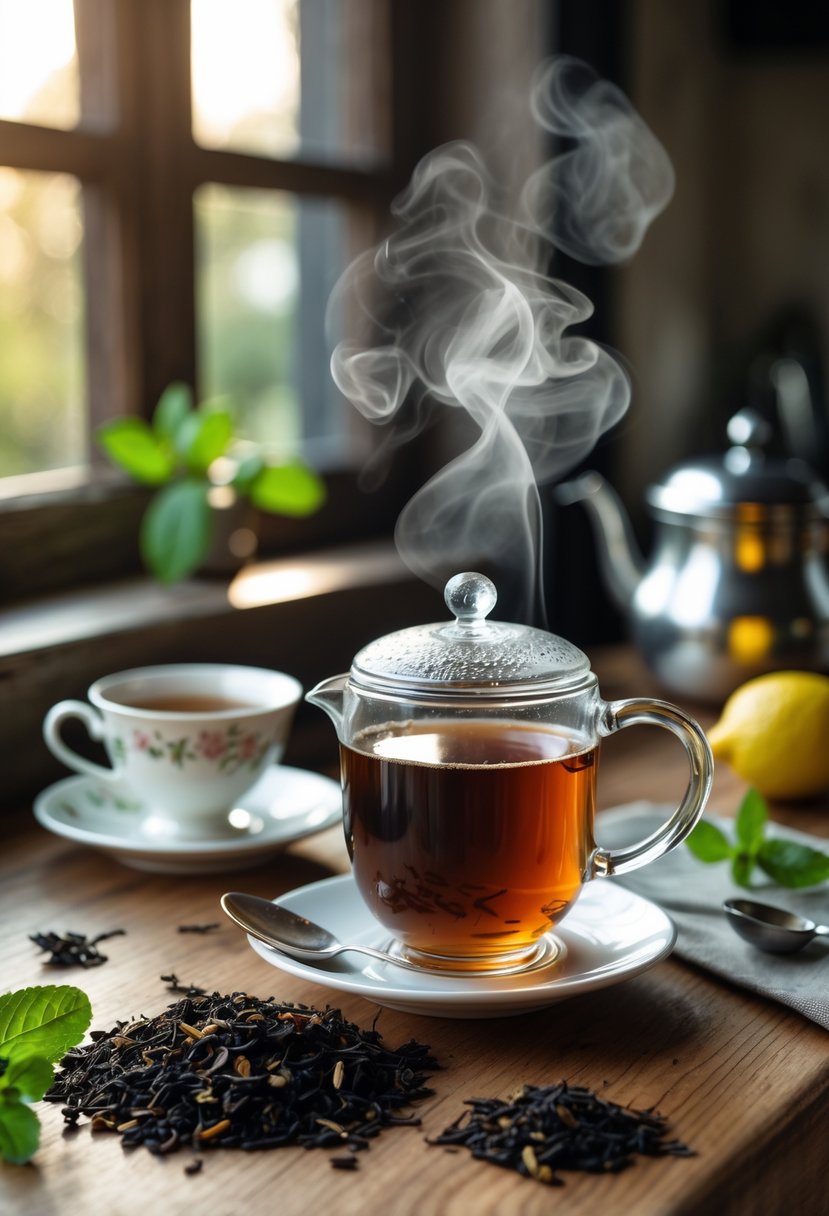 A teapot with freshly brewed English Breakfast tea and a cup of tea on a wooden table surrounded by loose tea leaves and a lemon wedge.