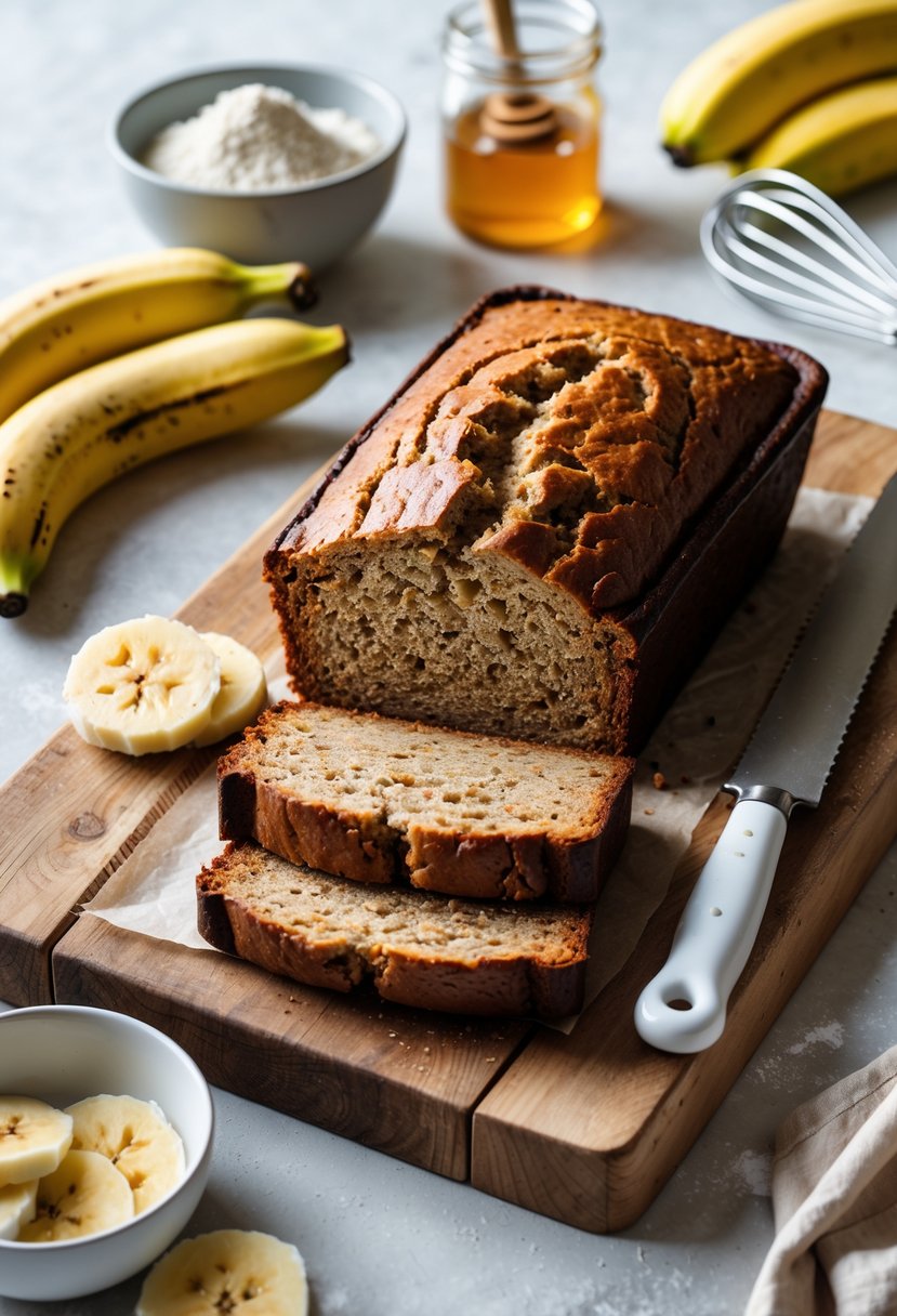 A loaf of freshly baked banana bread with slices cut, surrounded by ripe bananas and baking ingredients on a kitchen countertop.