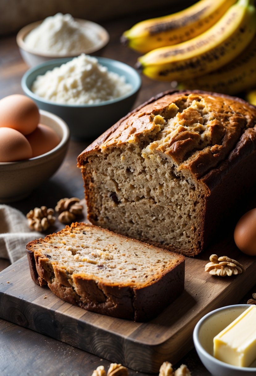 Sliced moist banana bread on a wooden cutting board with ripe bananas, flour, sugar, eggs, butter, and walnuts arranged around it on a kitchen countertop.