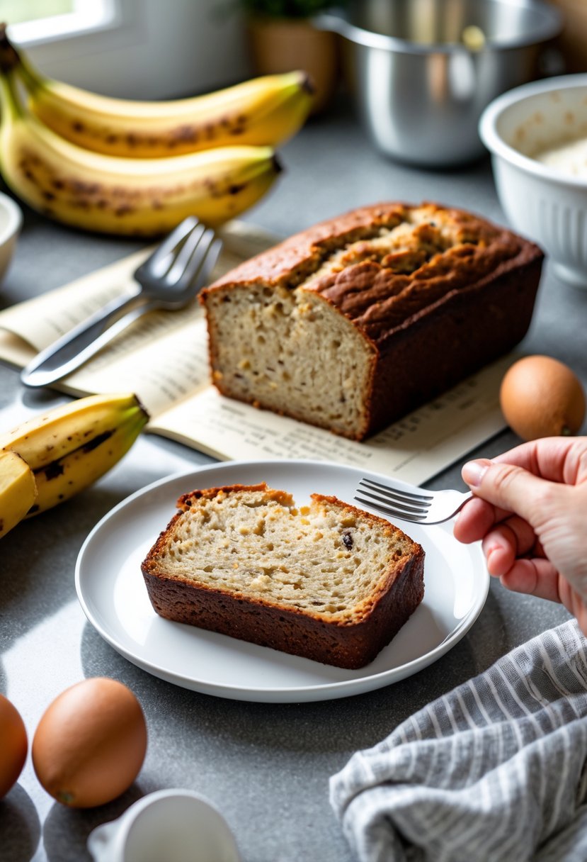 A sliced loaf of moist banana bread on a plate with ingredients and baking utensils on a kitchen countertop.