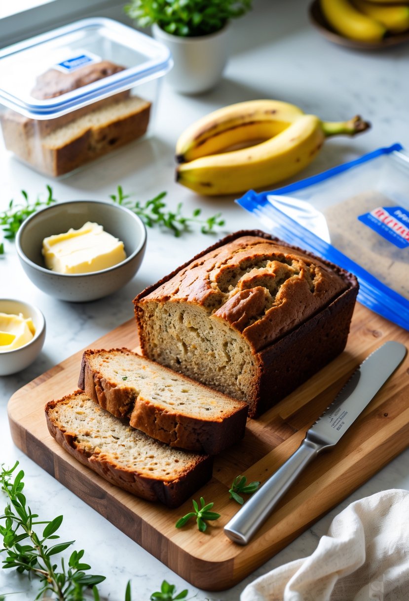 A loaf of sliced moist banana bread on a wooden cutting board with an airtight container and freezer bag nearby on a kitchen countertop.