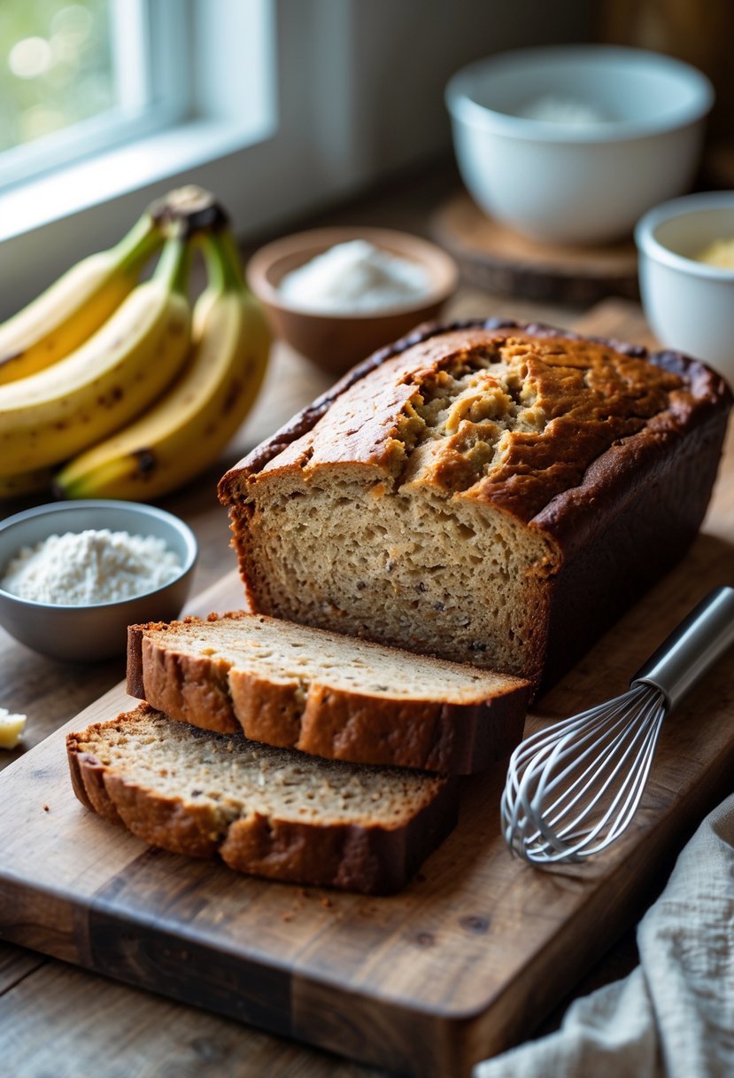 A sliced loaf of moist banana bread on a wooden cutting board with fresh bananas and baking ingredients nearby in a kitchen setting.