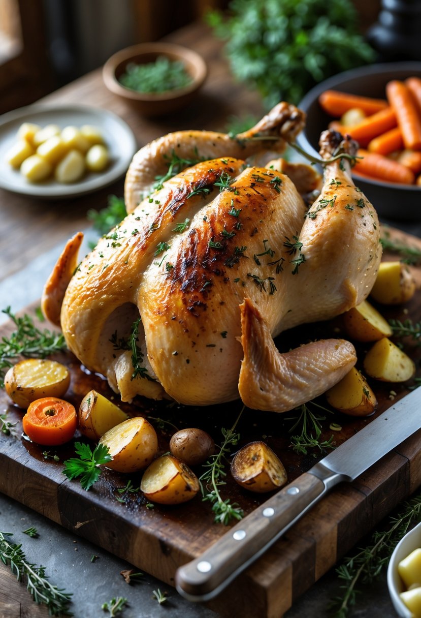 A golden-brown herb-roasted whole chicken on a wooden cutting board with roasted vegetables around it.