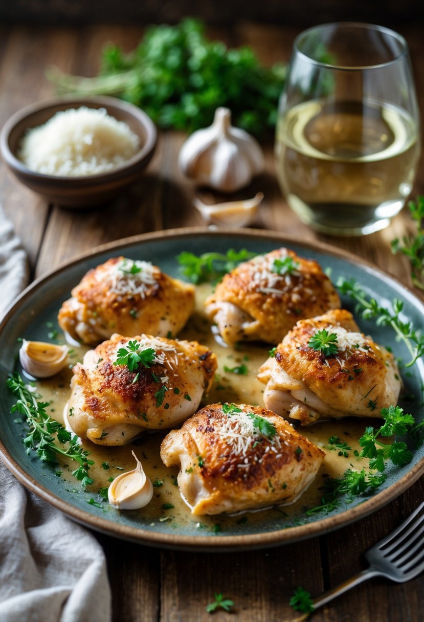 A plate of golden brown garlic parmesan baked chicken thighs garnished with herbs and roasted garlic on a wooden table.