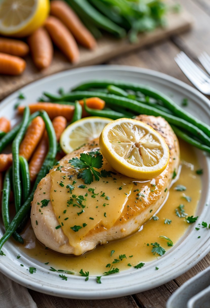 A cooked lemon butter chicken breast on a plate with lemon slices and roasted vegetables.