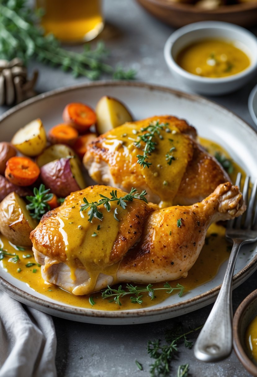 A plate of honey mustard baked chicken with roasted vegetables and fresh herb garnish on a table.