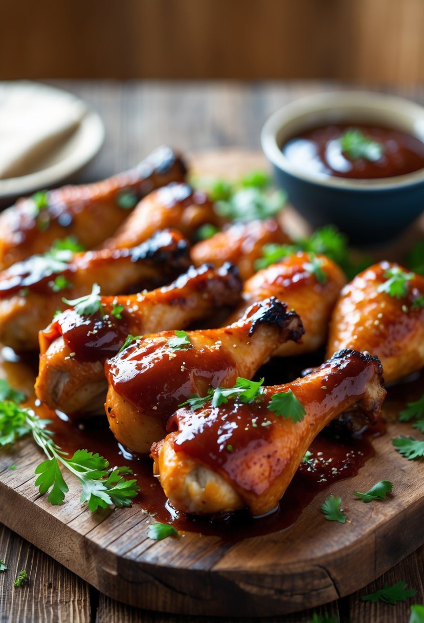 Close-up of oven-baked BBQ chicken drumsticks glazed with sauce on a wooden serving board with fresh herbs and a bowl of BBQ sauce.