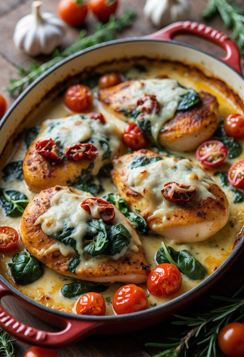 A baked creamy Tuscan chicken dish in a ceramic baking dish with sun-dried tomatoes and spinach on a wooden table.