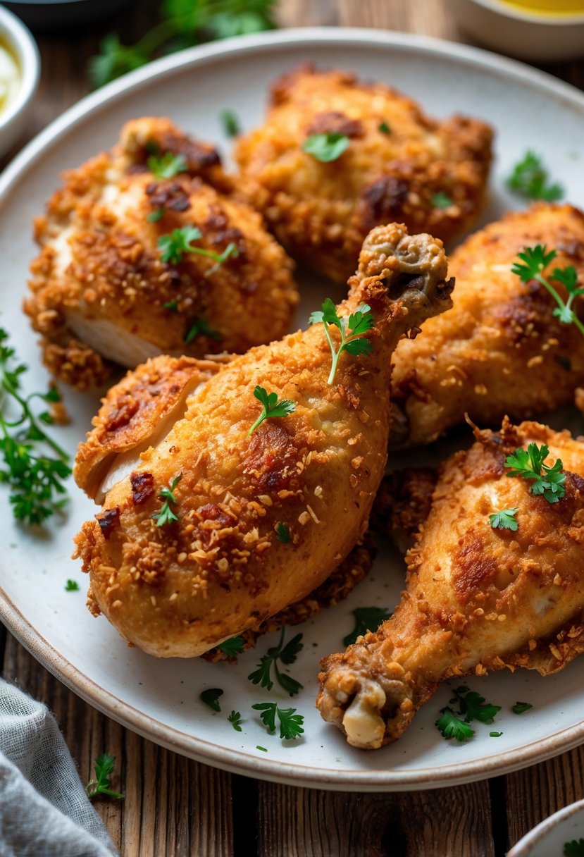 Plate of crispy golden brown oven-baked chicken pieces garnished with fresh herbs on a wooden table.