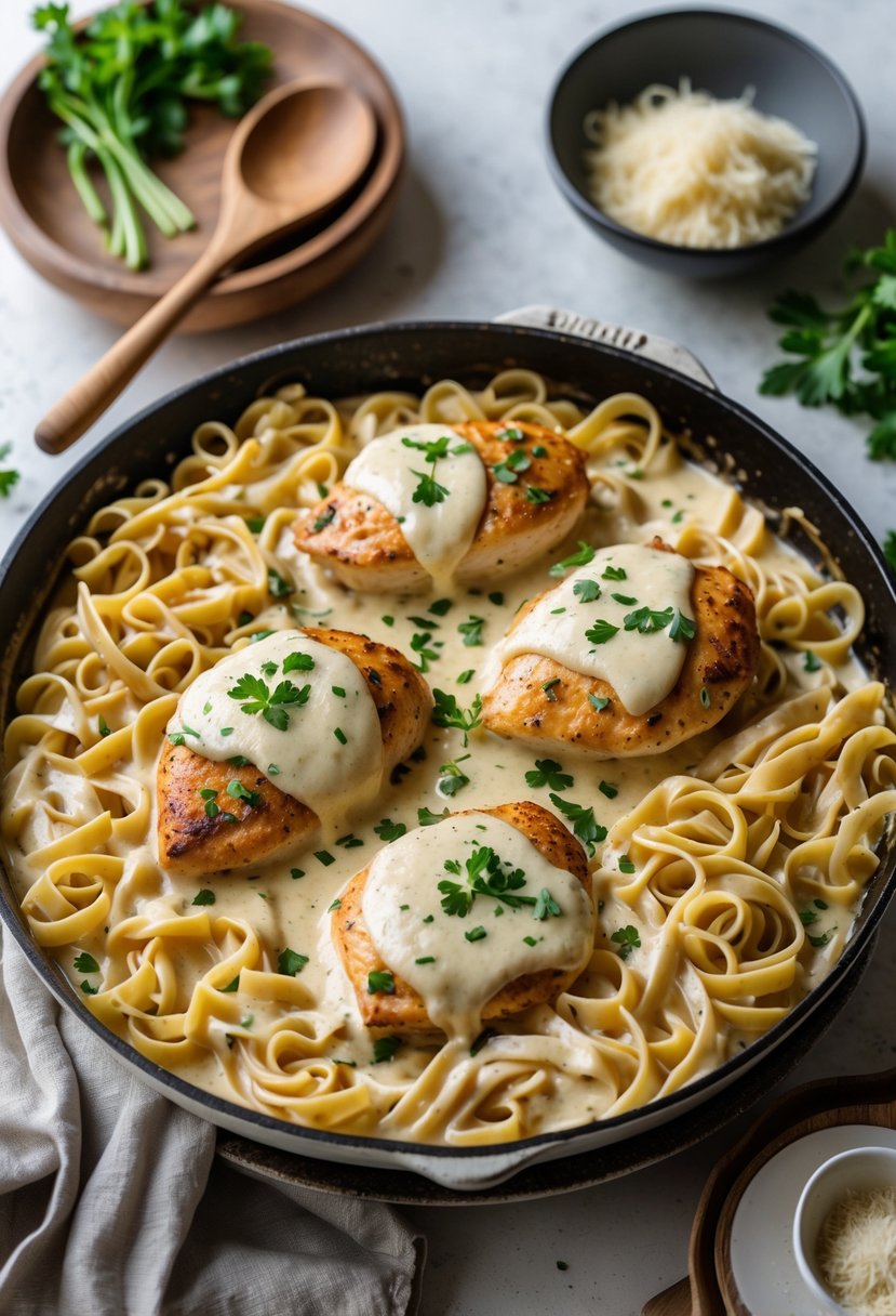Skillet with baked chicken breasts in creamy Alfredo sauce over fettuccine pasta, garnished with parsley.