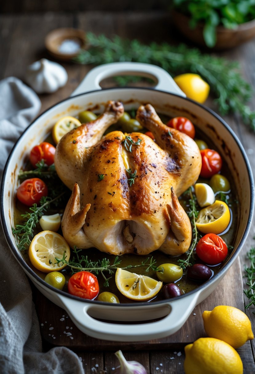 A baked Mediterranean chicken dish in a ceramic baking dish with tomatoes, lemon slices, garlic, olives, and herbs on a wooden table.