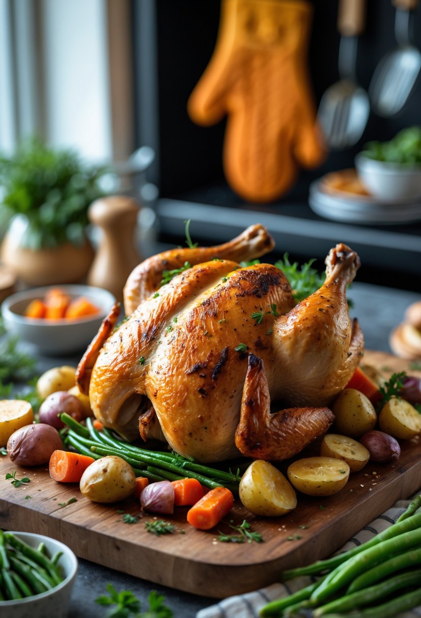 A roasted whole chicken on a wooden cutting board with roasted vegetables in a kitchen setting.
