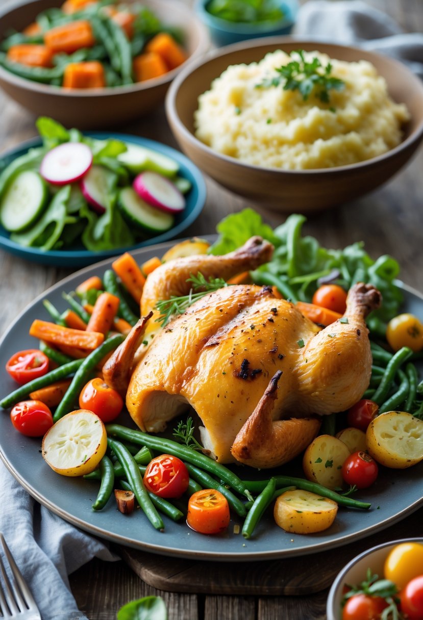 A plate of oven-baked chicken surrounded by various side dishes including roasted vegetables, mashed potatoes, and a fresh salad on a wooden table.