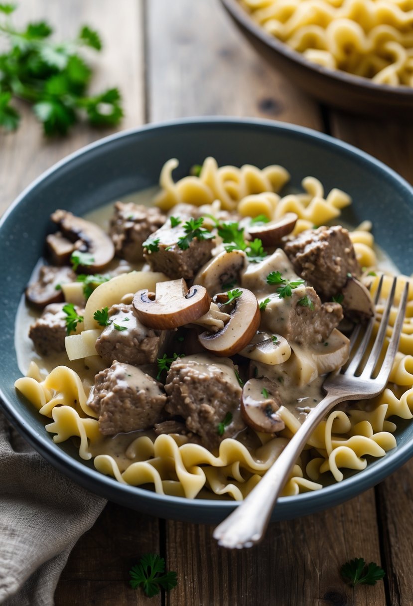 A bowl of beef stroganoff with ground beef, mushrooms, and egg noodles garnished with parsley on a wooden table.