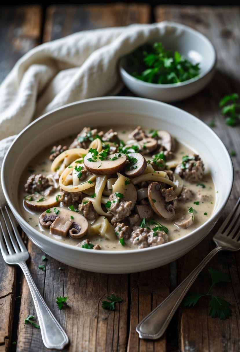 A bowl of beef stroganoff with ground beef, mushrooms, and parsley on a wooden table with a fork and napkin nearby.
