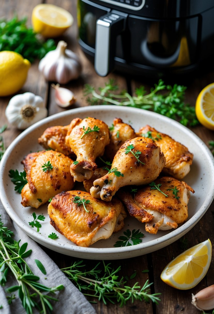 A plate of crispy golden air fryer chicken garnished with fresh herbs on a wooden table with fresh ingredients and an air fryer in the background.