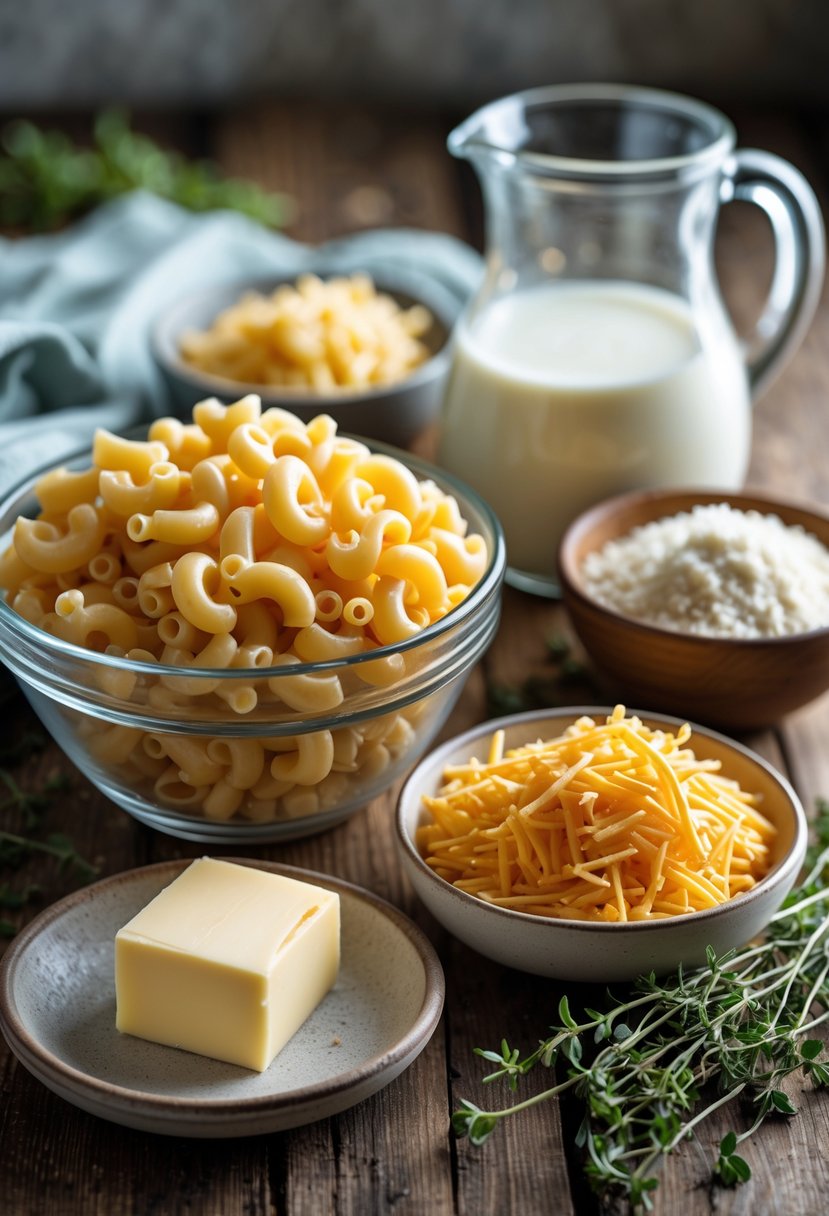 A collection of ingredients for baked mac and cheese arranged on a wooden table, including pasta, shredded cheese, milk, butter, flour, and fresh herbs.