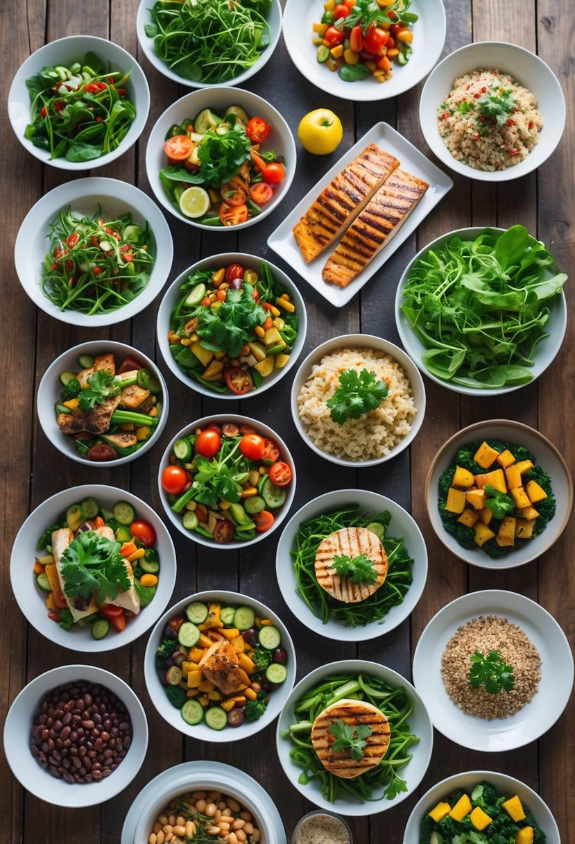 Overhead view of a dinner table with 15 different healthy dishes including salads, grilled proteins, roasted vegetables, and whole grains.