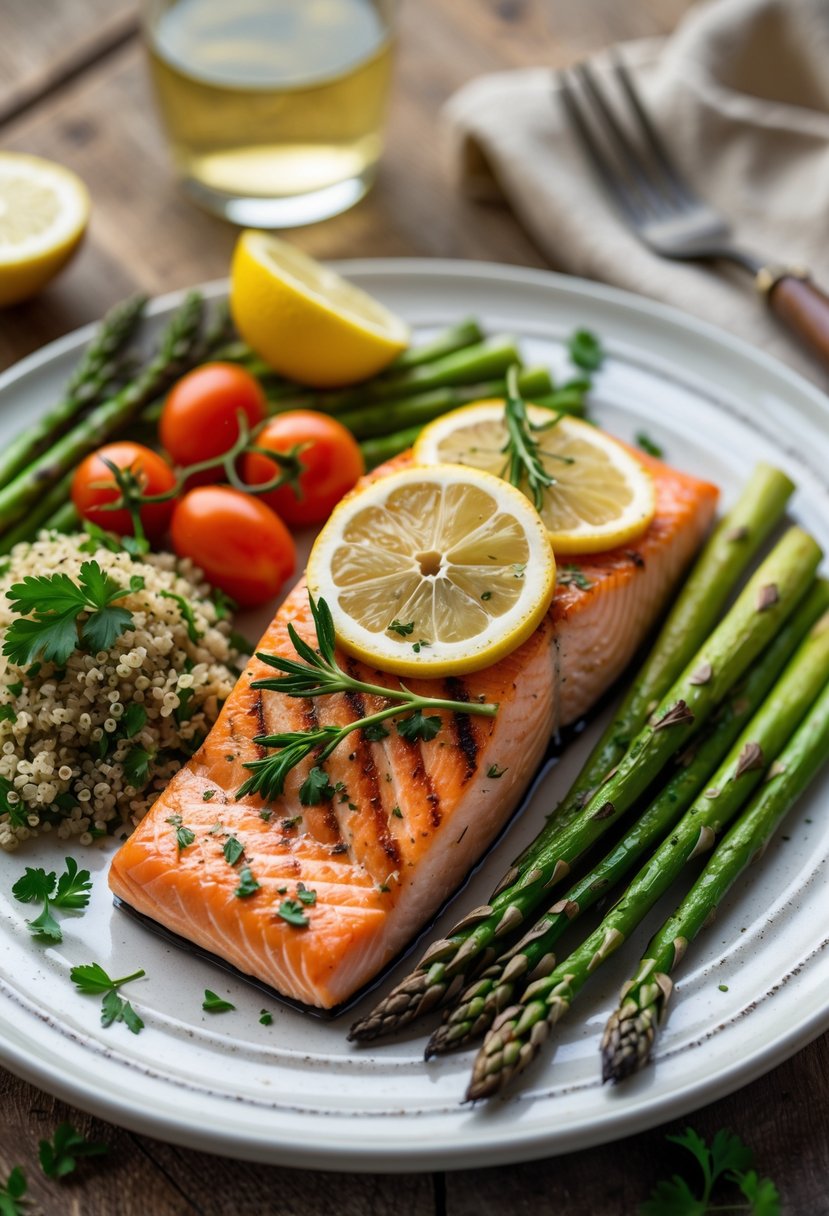 A grilled lemon herb salmon fillet on a white plate with asparagus, cherry tomatoes, and quinoa salad on a wooden table.