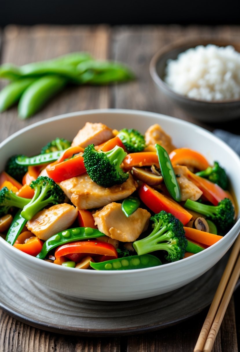 A bowl of chicken stir-fry with colorful vegetables on a wooden table, accompanied by chopsticks and a bowl of white rice.