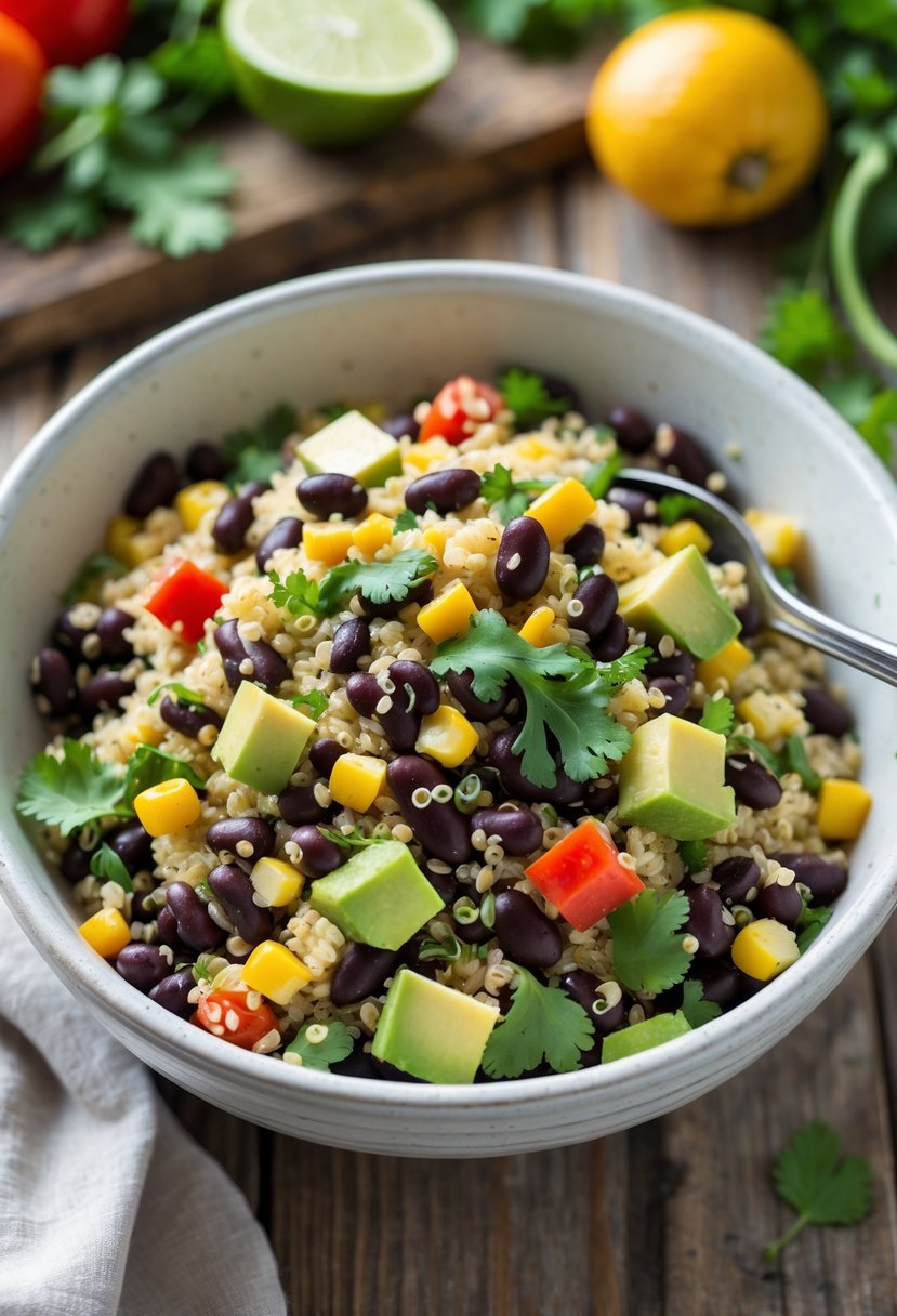 A bowl of quinoa and black bean salad with vegetables on a wooden table.