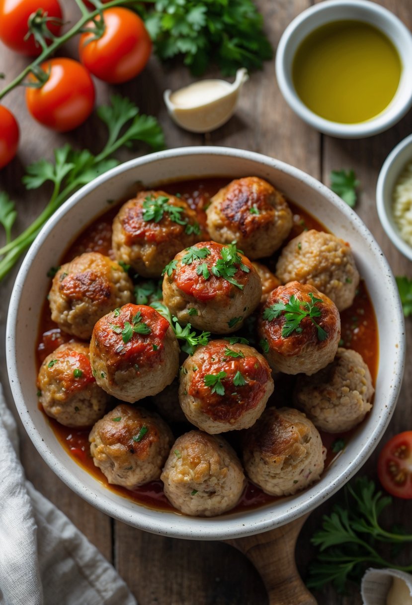 A bowl of baked turkey meatballs garnished with parsley on a wooden table with fresh tomatoes and garlic around it.