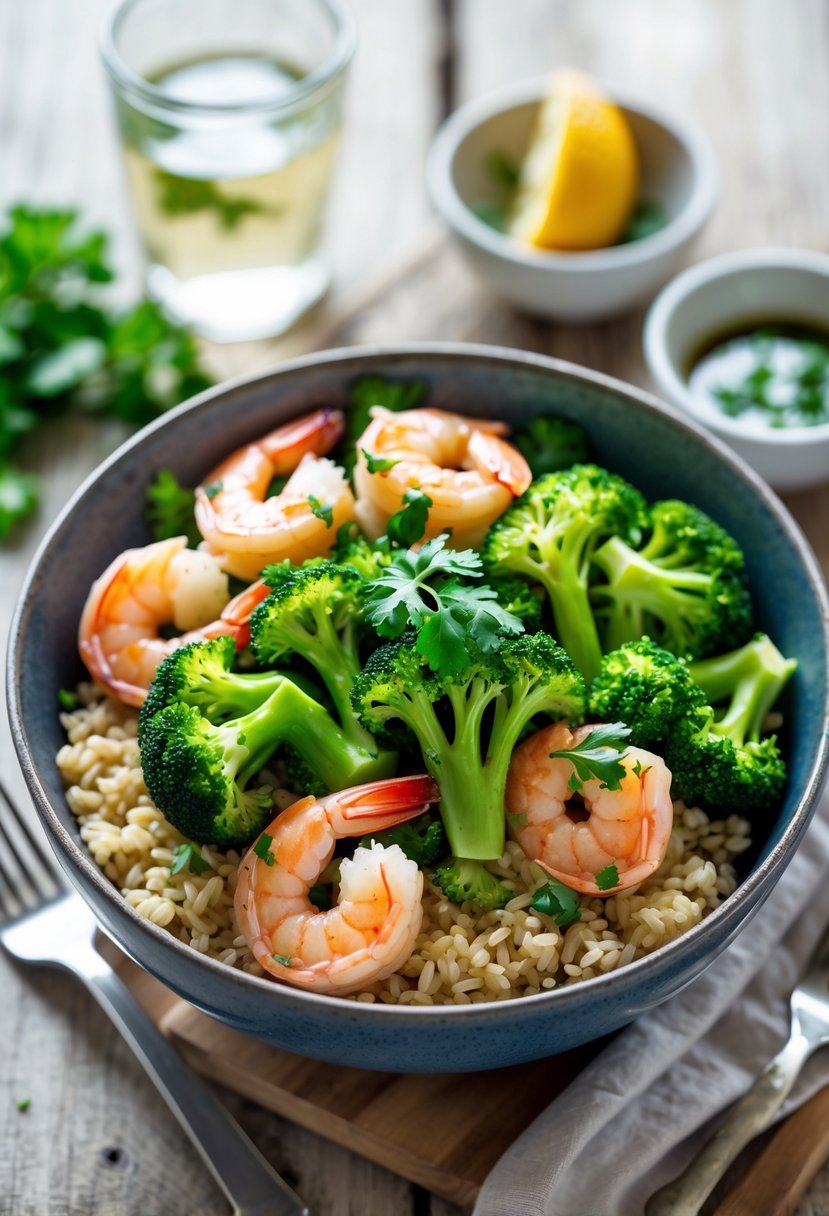 A bowl filled with cooked shrimp, broccoli, and rice on a wooden table with a glass of water and a small bowl of sauce nearby.