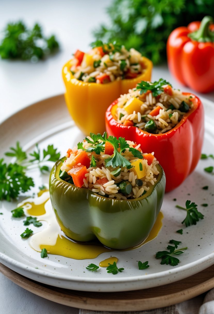 A plate of colorful stuffed bell peppers filled with brown rice and vegetables, garnished with parsley on a white plate.