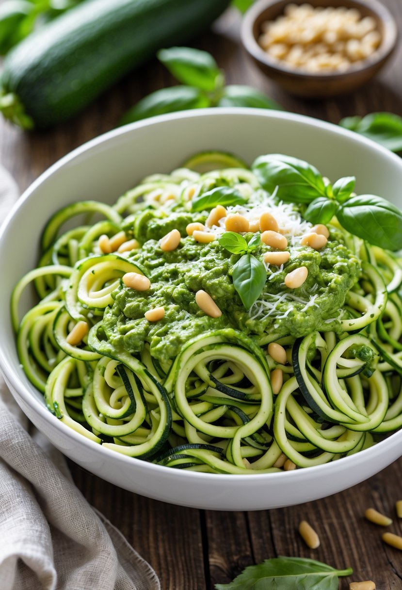 A bowl of zucchini noodles with green pesto sauce, garnished with pine nuts, Parmesan cheese, and basil leaves on a wooden table.