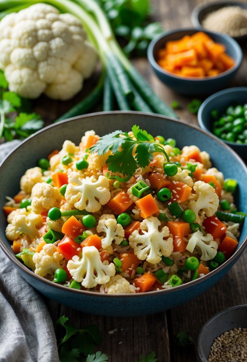 A bowl of cauliflower fried rice with mixed vegetables and fresh herbs on a wooden table surrounded by fresh ingredients.