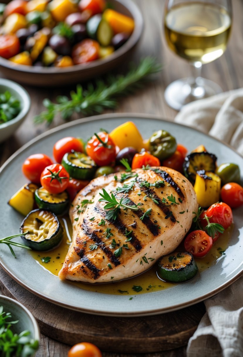 A plate of grilled chicken with roasted Mediterranean vegetables on a wooden table.