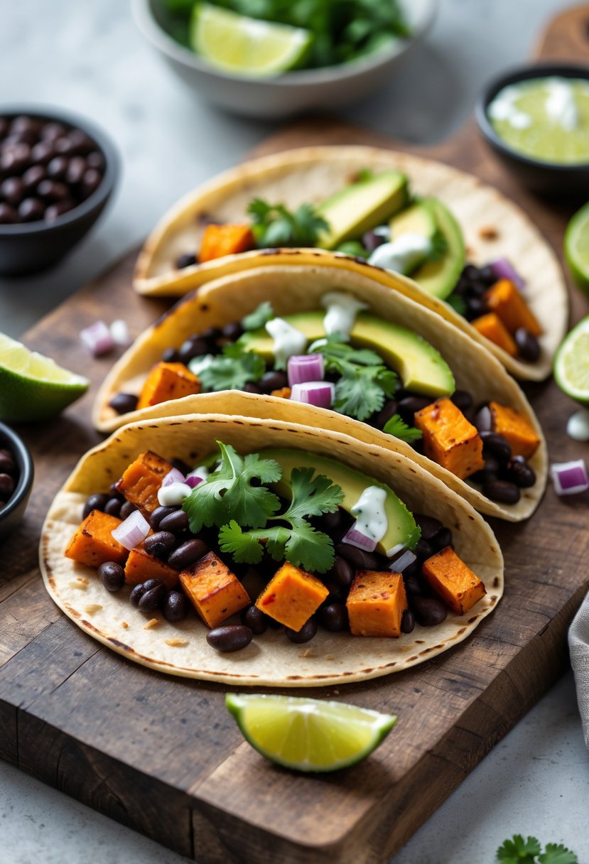 Three sweet potato and black bean tacos with avocado and cilantro on a wooden board, accompanied by lime wedges and small bowls of beans and sauce.