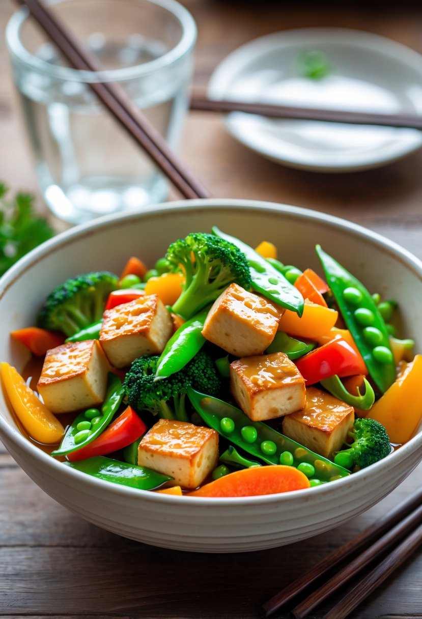 A bowl of tofu and vegetable stir-fry with colorful vegetables on a wooden table, accompanied by chopsticks and a glass of water.