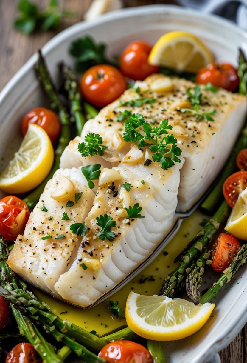 A plate of baked cod garnished with garlic, herbs, and lemon wedges, served with roasted vegetables on a wooden table.