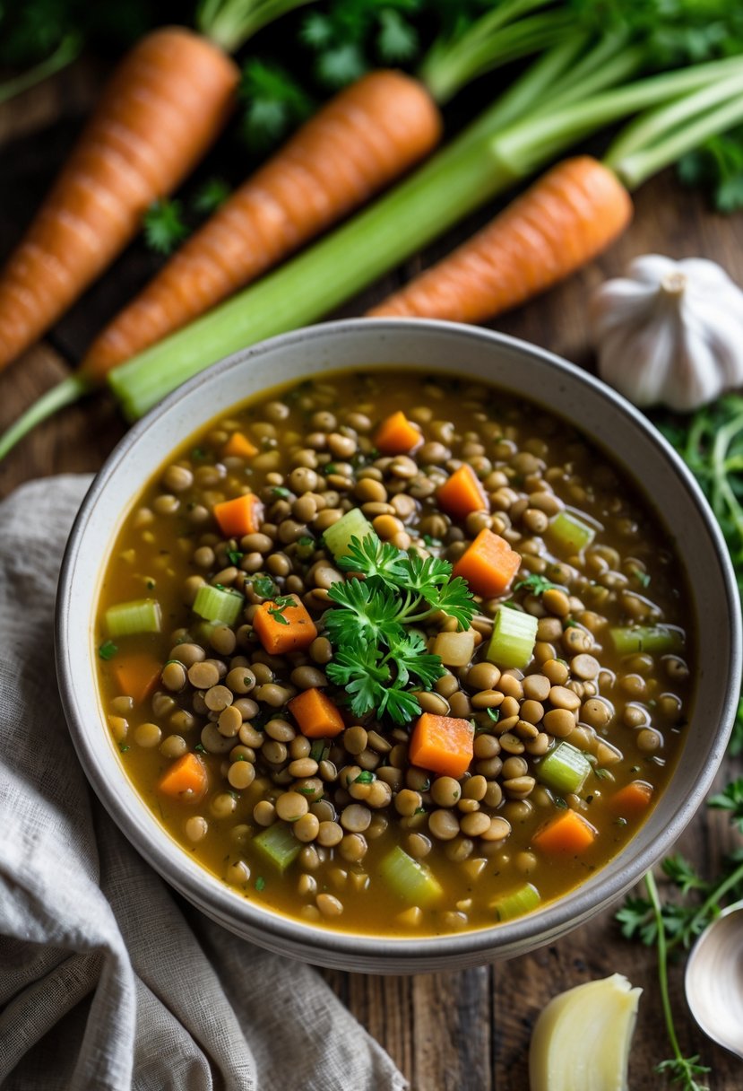 A bowl of vegetarian lentil soup with vegetables and herbs on a wooden table surrounded by fresh ingredients.
