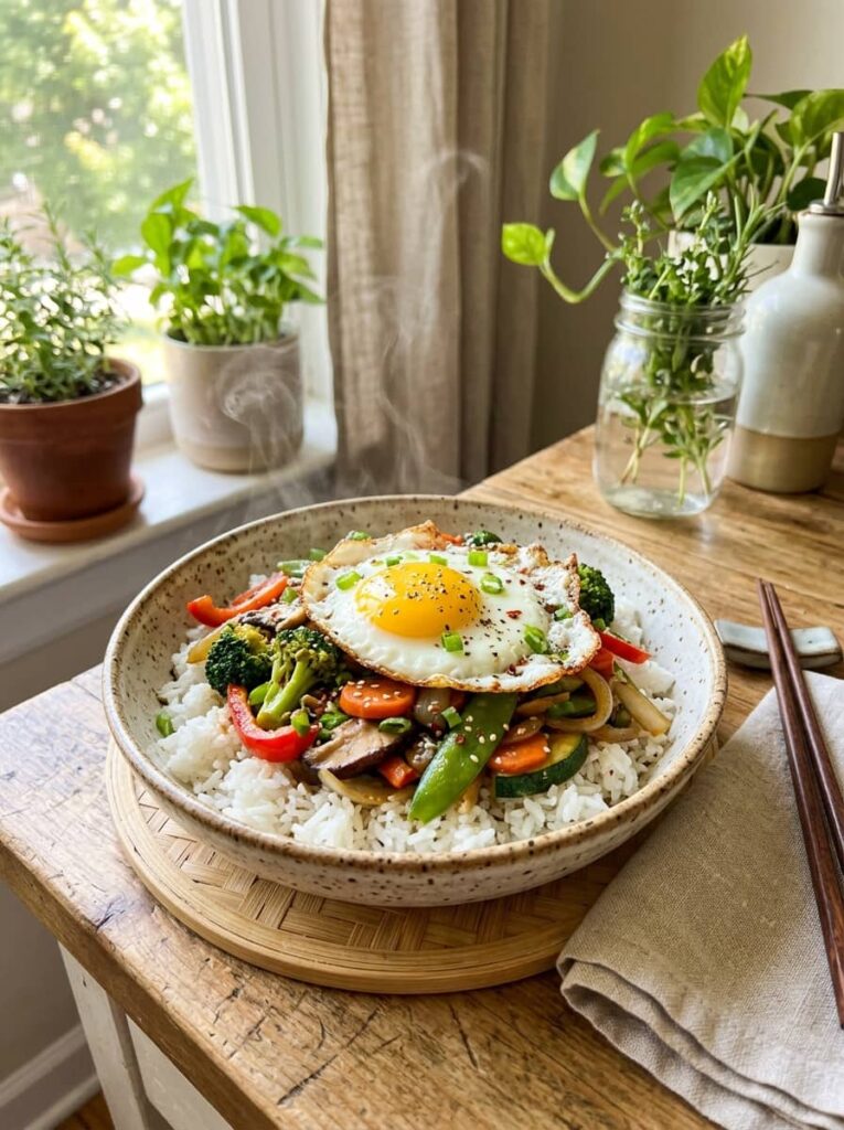 rice bowl topped with stir fried vegetables