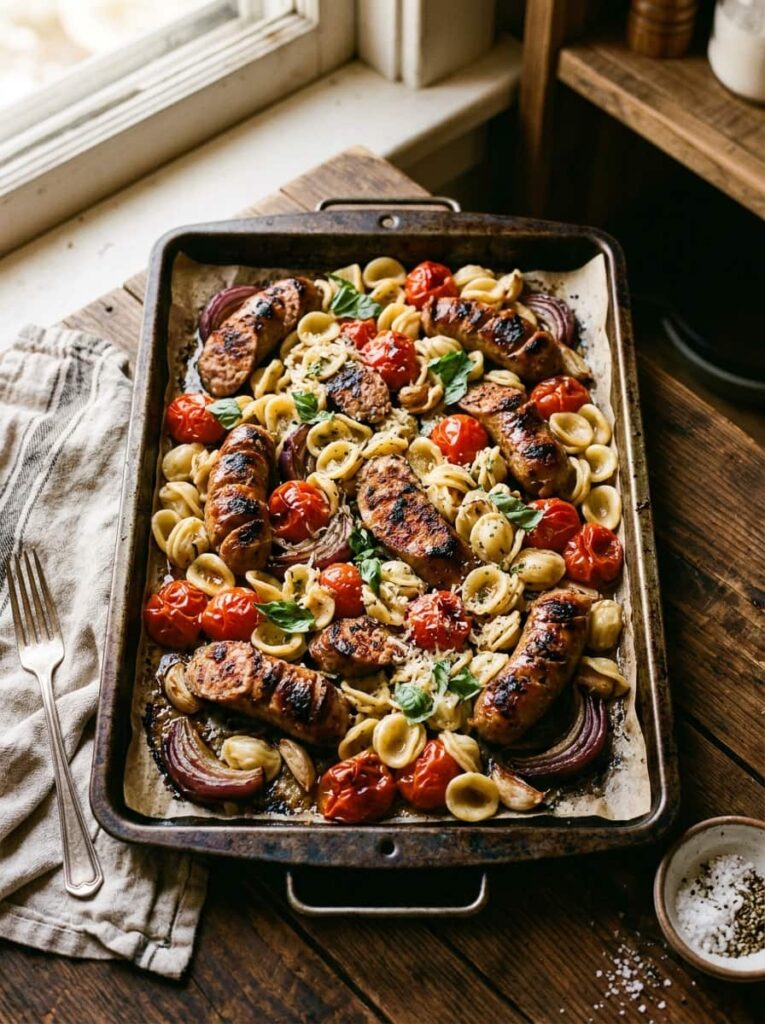 Sheet Pan Sausage and Pasta Bake