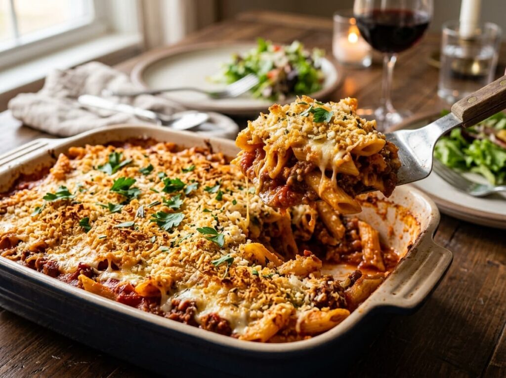 Baked Mostaccioli With a Crispy Parmesan Top