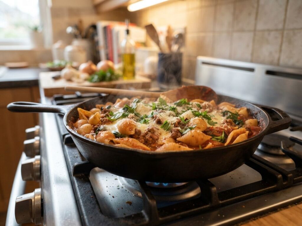 A One Pan Beef and Shell Pasta Dinner That Cooks the Noodles Right in the Sauce