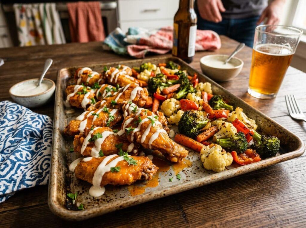 A Buffalo Ranch Sheet Pan Chicken Dinner That Turns Weeknight Dinner Into Game Day Flavor